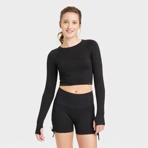 JoyLab | Black Textured Fitted Crop Work Out Top Size Medium